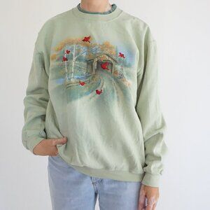 Vintage Top Stitch Sage Cardinal Covered Bridge Scenic Sweatshirt Cabincore  L